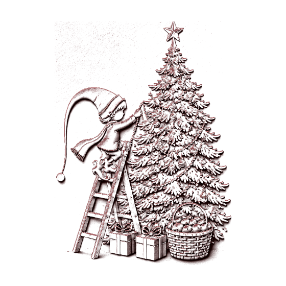 An elf decorating the tree from a ladder