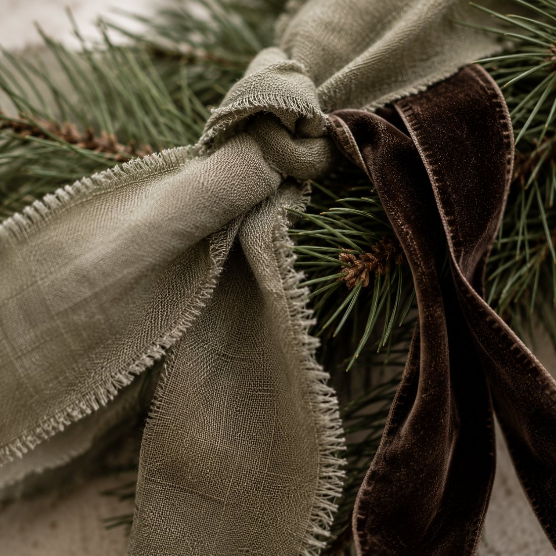 Linen ribbon — natural linen bows through pine