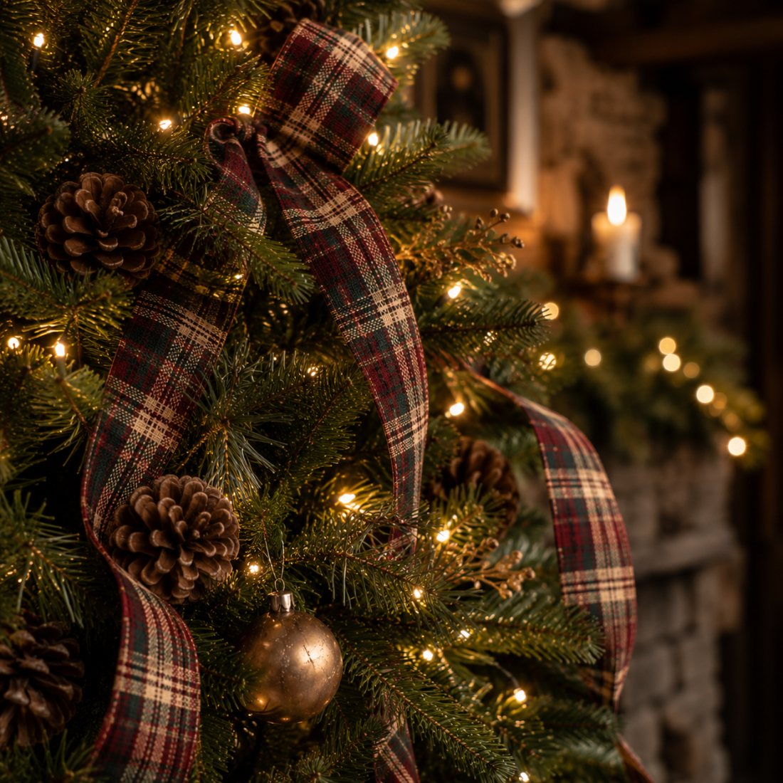 Tartan — wool plaid ribbon through pine garland